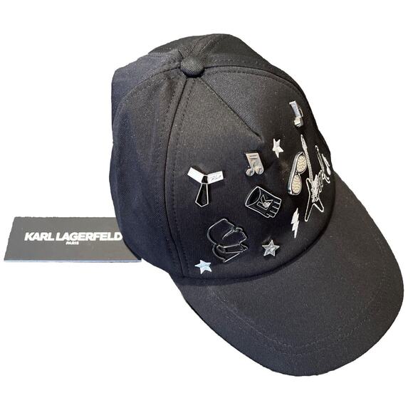 KARL LAGERFELD Baseball Hat Women Black Adjustable Adorned Pins Charms Logo NEW - Picture 1 of 6